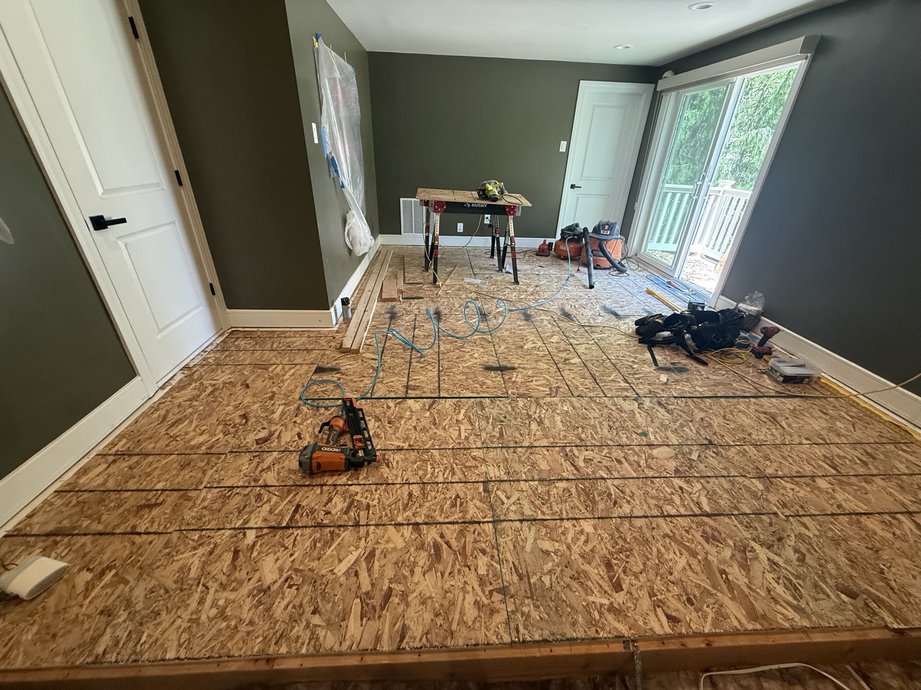 Interior project with flooring protection and renovation materials